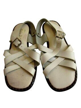 True Vintage Sandals sz 5 Italian White Leather Strappy Buckle & Low Heel